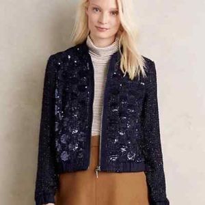 NWOT Anthropology Elevenses sequined bomber styled jacket in navy blue. Stunning